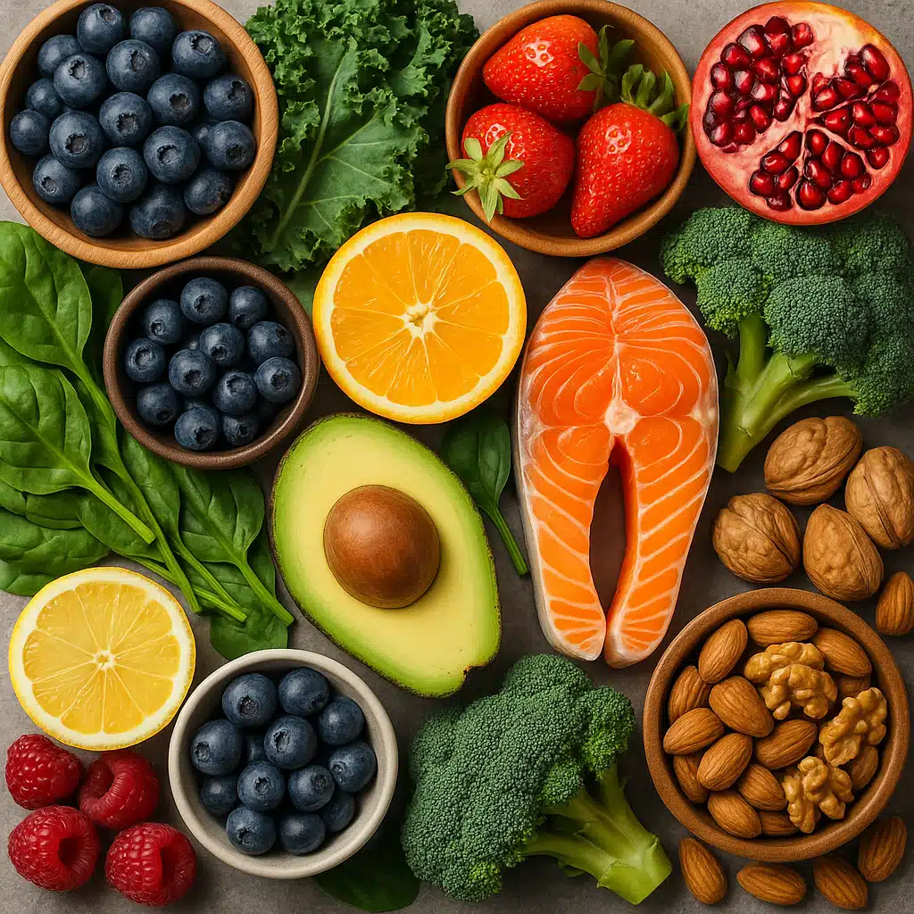 Overhead view of colorful array of fresh fruits and vegetables rich in antioxidants, berries, leafy greens, citrus, avocado, salmon, nuts, vibrant healthy food composition