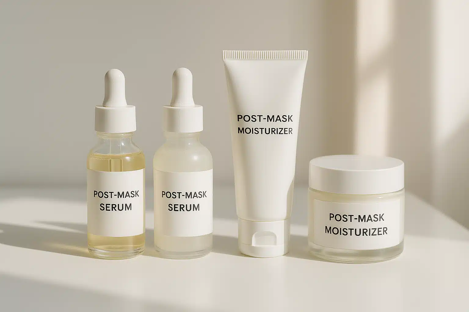 Array of post-mask skincare products including serums and moisturizers arranged on a clean vanity, professional skincare routine setup, soft natural lighting, organized and aesthetic presentation