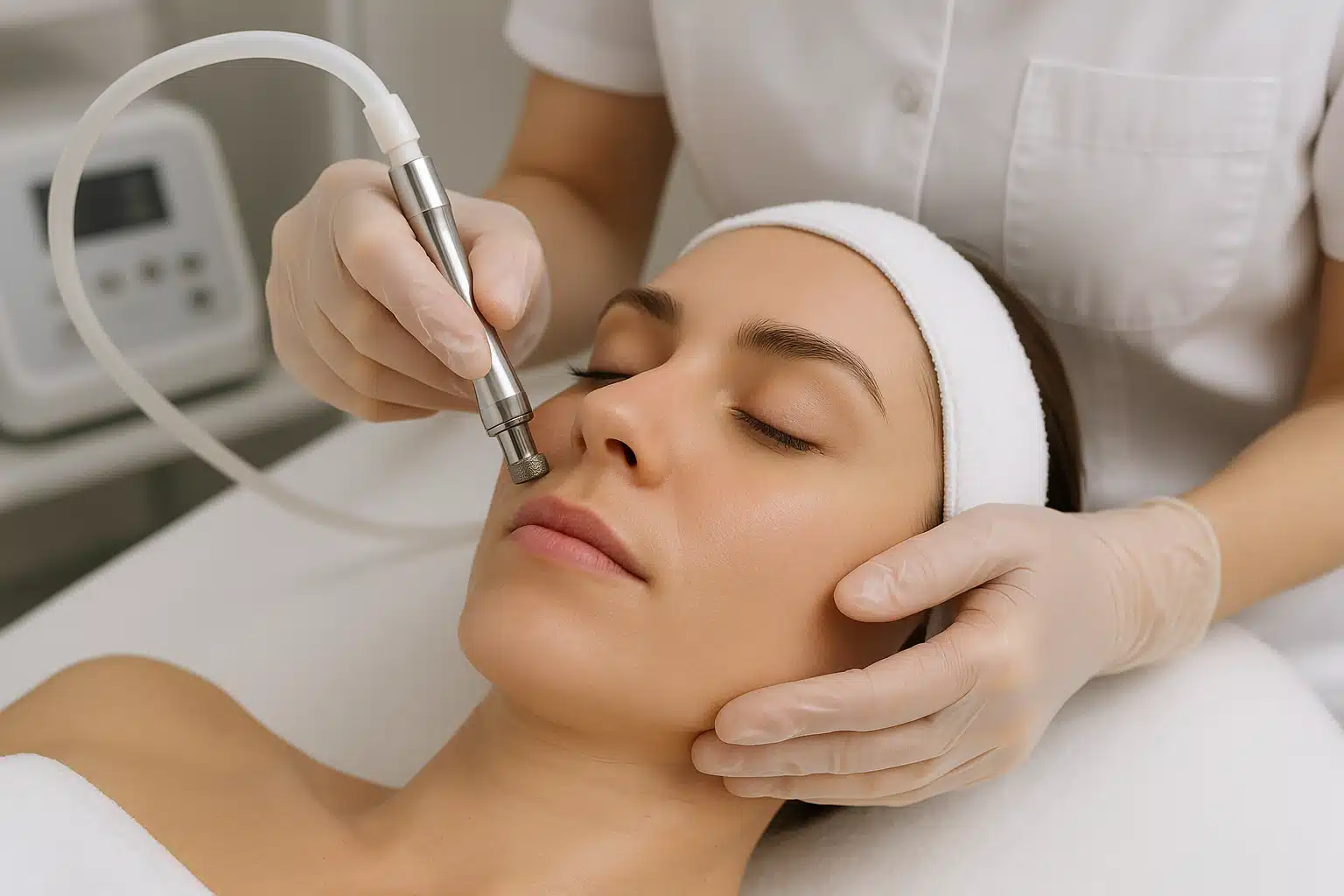 Microdermabrasion treatment being performed on facial skin, showing specialized handpiece with crystal or diamond tip, professional aesthetic clinic setting