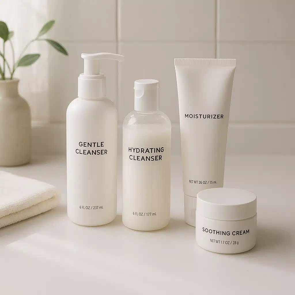 Post-treatment skincare routine showing gentle cleansing and moisturizing products arranged on a clean bathroom counter, soft natural lighting, wellness aesthetic