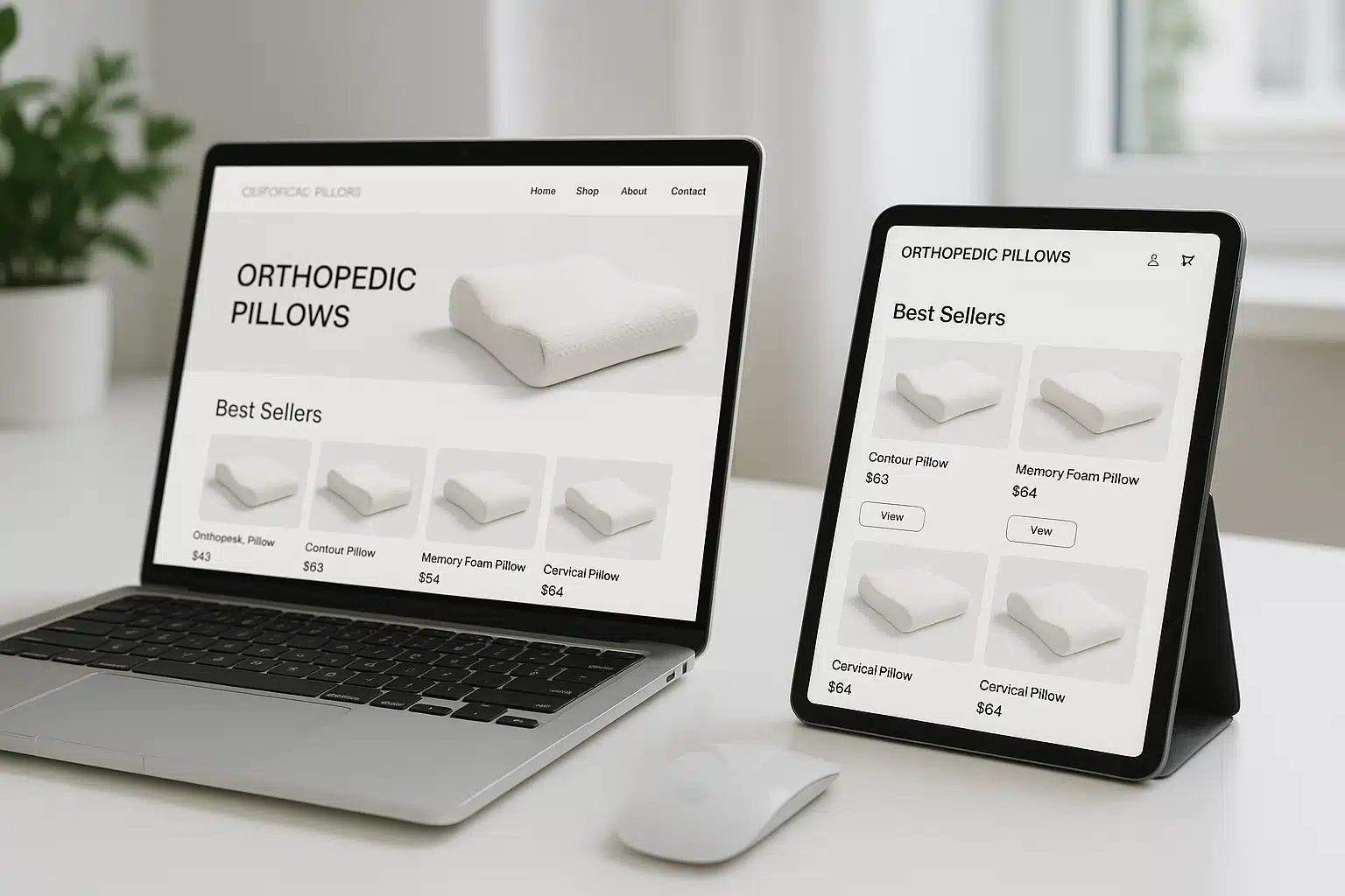 Modern e-commerce website displayed on laptop and tablet showing orthopedic pillow products, clean interface design, shopping experience concept, bright and professional setting