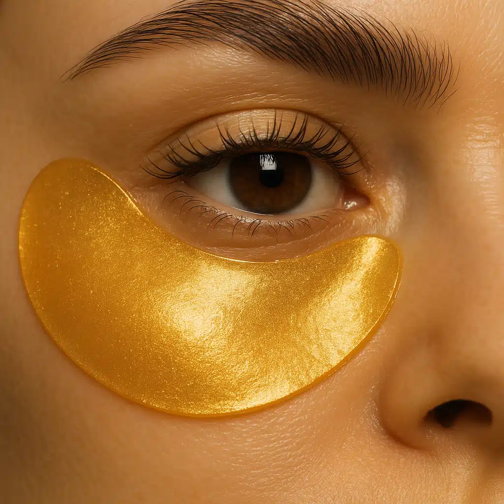 Close-up of woman's eye area with under-eye patches applied, golden hydrogel texture visible, beauty treatment detail shot, luxurious skincare concept, macro photography style