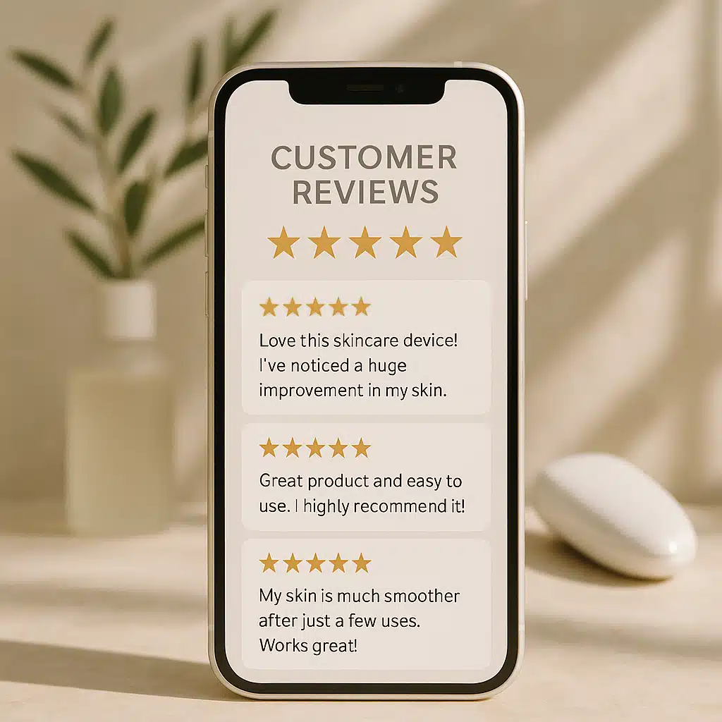 Smartphone displaying customer review ratings and testimonials for skincare device, five-star ratings visible, modern lifestyle photography with natural lighting