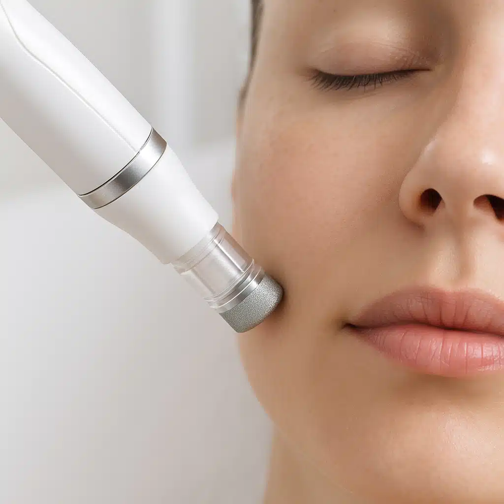 Close-up of handheld microdermabrasion device being used on facial skin, modern beauty technology, clean clinical aesthetic, gentle skin treatment