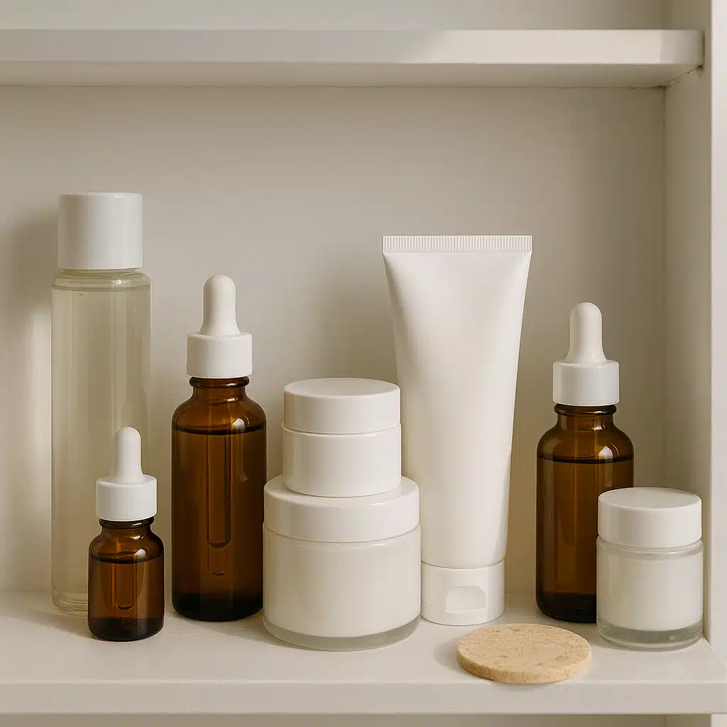 Organized bathroom shelf displaying various skincare products including serums, creams, and masks, clean and minimal aesthetic, natural lighting