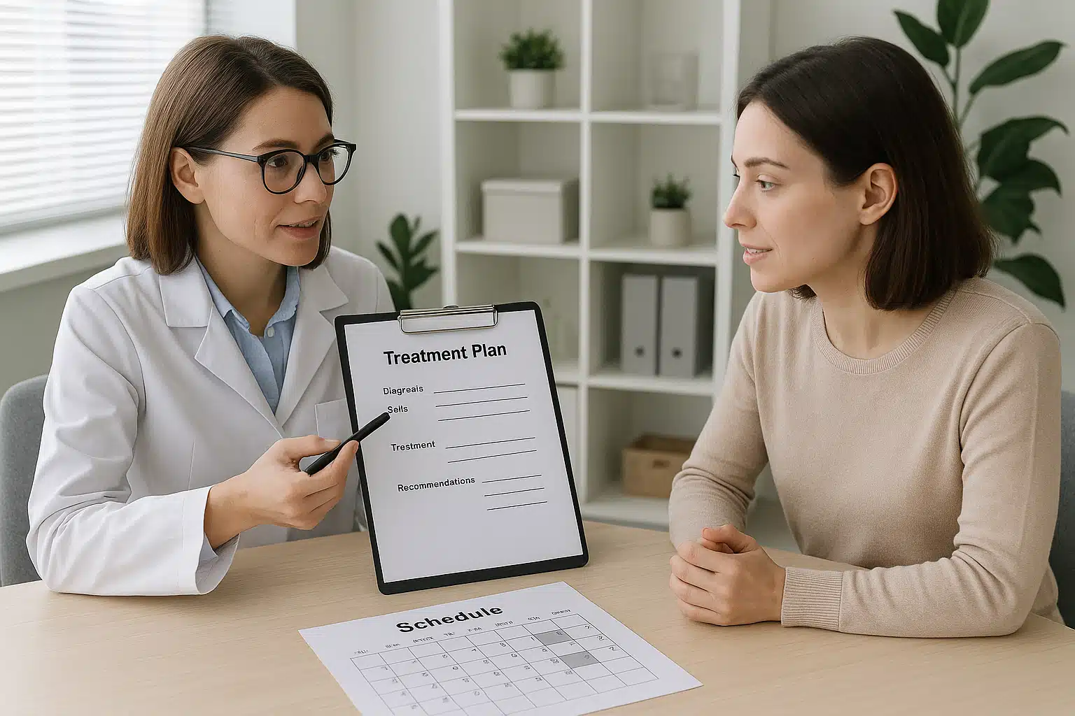 Professional consultation showing treatment plan documentation and session scheduling calendar, practitioner and patient reviewing expectations, modern clinic interior