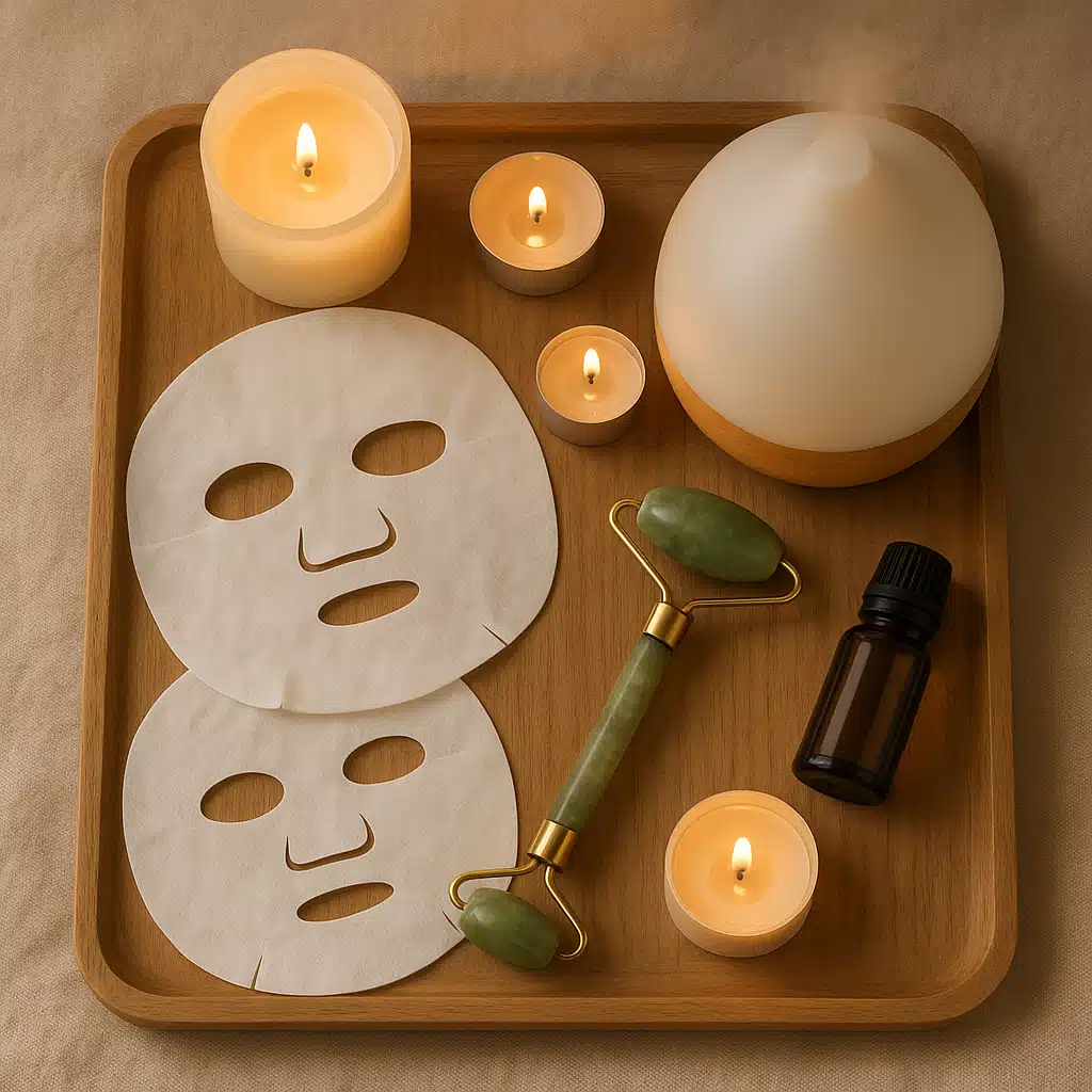 Peaceful home spa setup with sheet masks, jade roller, candles, and essential oil diffuser on wooden tray, soft warm lighting, self-care and wellness atmosphere, overhead flat lay composition