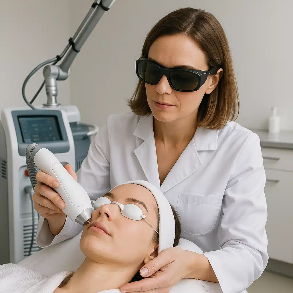 Professional dermatologist performing laser skin treatment on patient's face in modern medical office, advanced skincare technology, clinical setting
