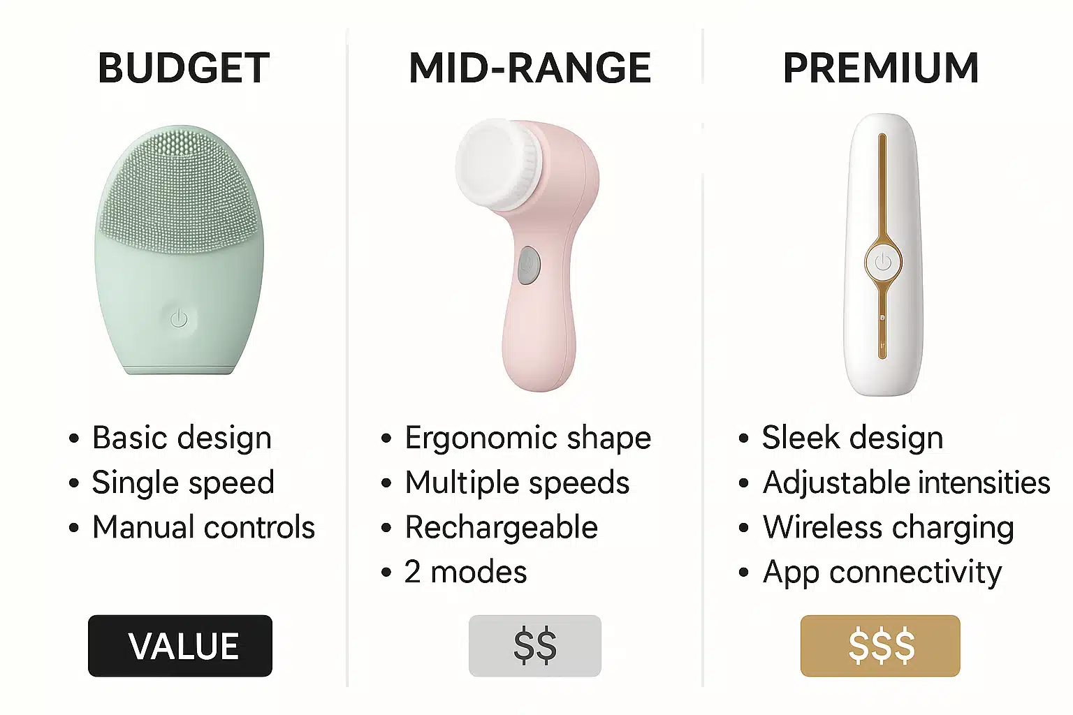 Three-tier product comparison layout showing budget, mid-range, and premium skin cleansing devices with feature lists and value indicators, professional e-commerce styling