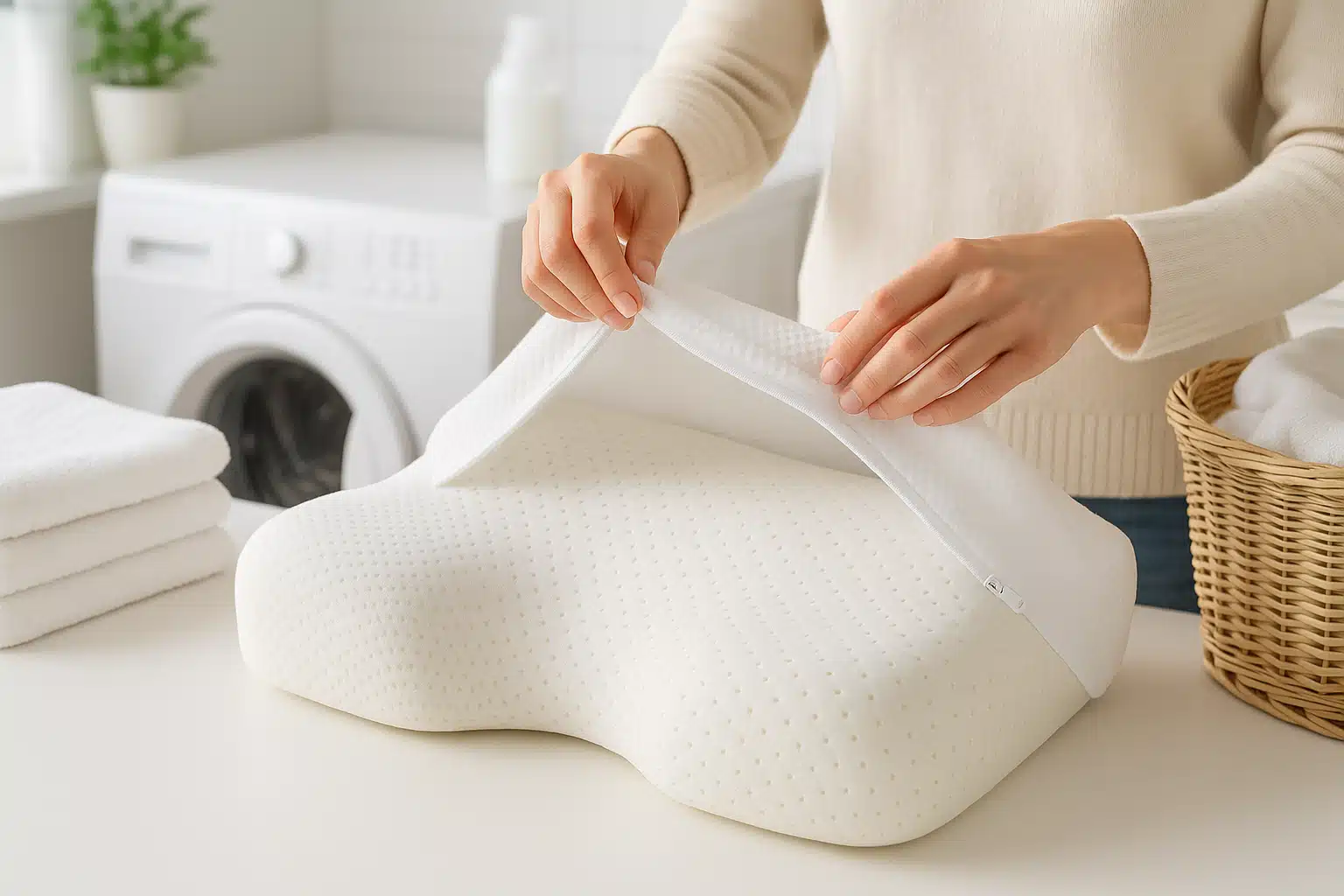 Person removing washable cover from orthopedic pillow, clean and bright laundry room setting, care and maintenance concept, fresh and hygienic atmosphere