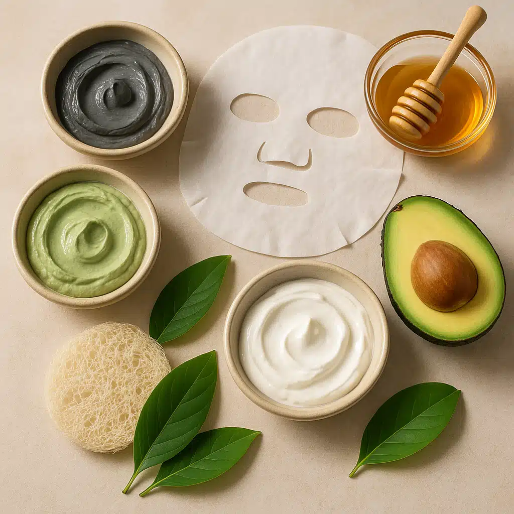 Variety of facial masks including clay, sheet, and cream masks displayed with natural ingredients like honey and avocado, spa-like presentation, soft lighting