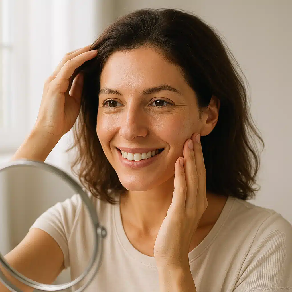 Happy patient examining healthy hair growth and improved skin appearance in mirror after successful mesotherapy treatment series, natural lighting, satisfaction and wellness theme