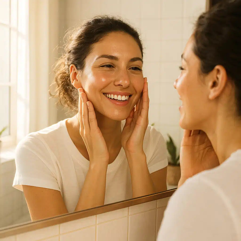 Happy woman admiring her glowing, healthy skin in mirror, natural makeup, bright bathroom with morning light, skincare success and confidence, lifestyle beauty photography, warm and uplifting mood