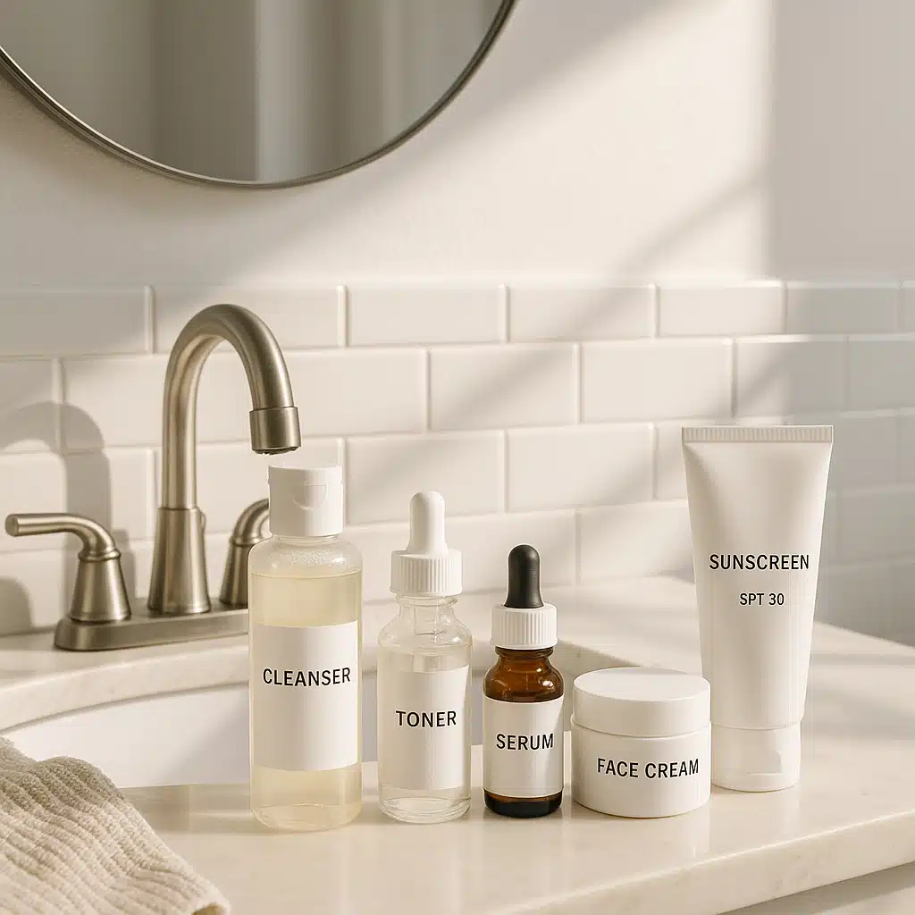 Organized bathroom counter with skincare routine products arranged in order of application, serums, creams, sunscreen, clean aesthetic, morning light