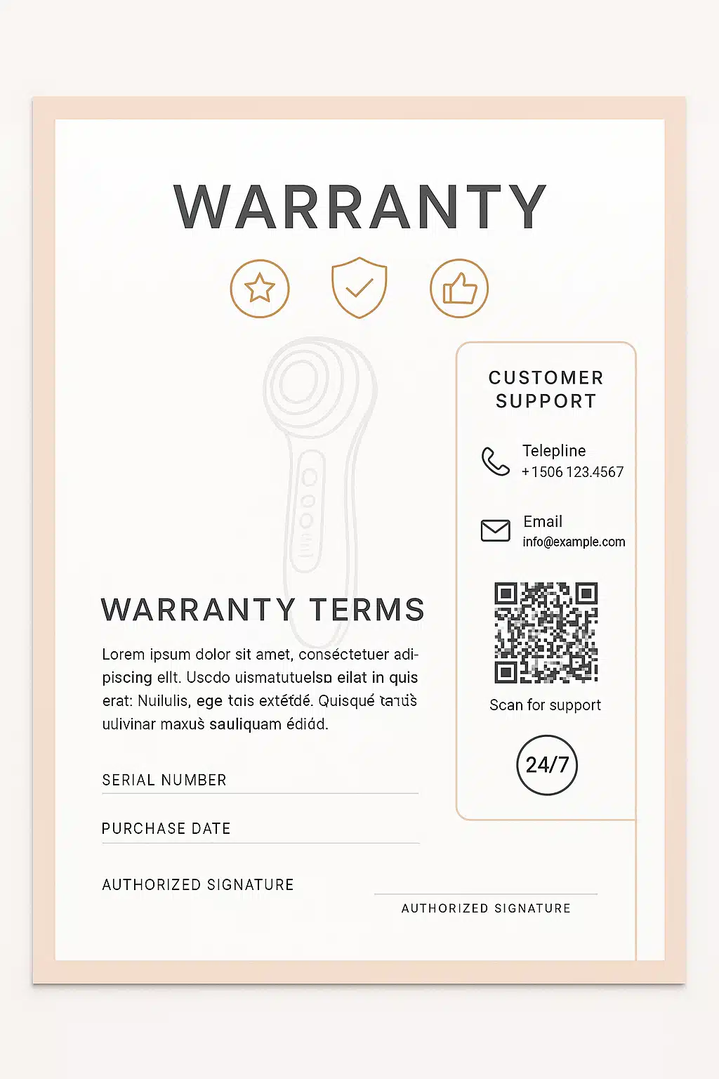 Warranty certificate and customer support contact information for beauty device, professional documentation layout with trust symbols and helpline details