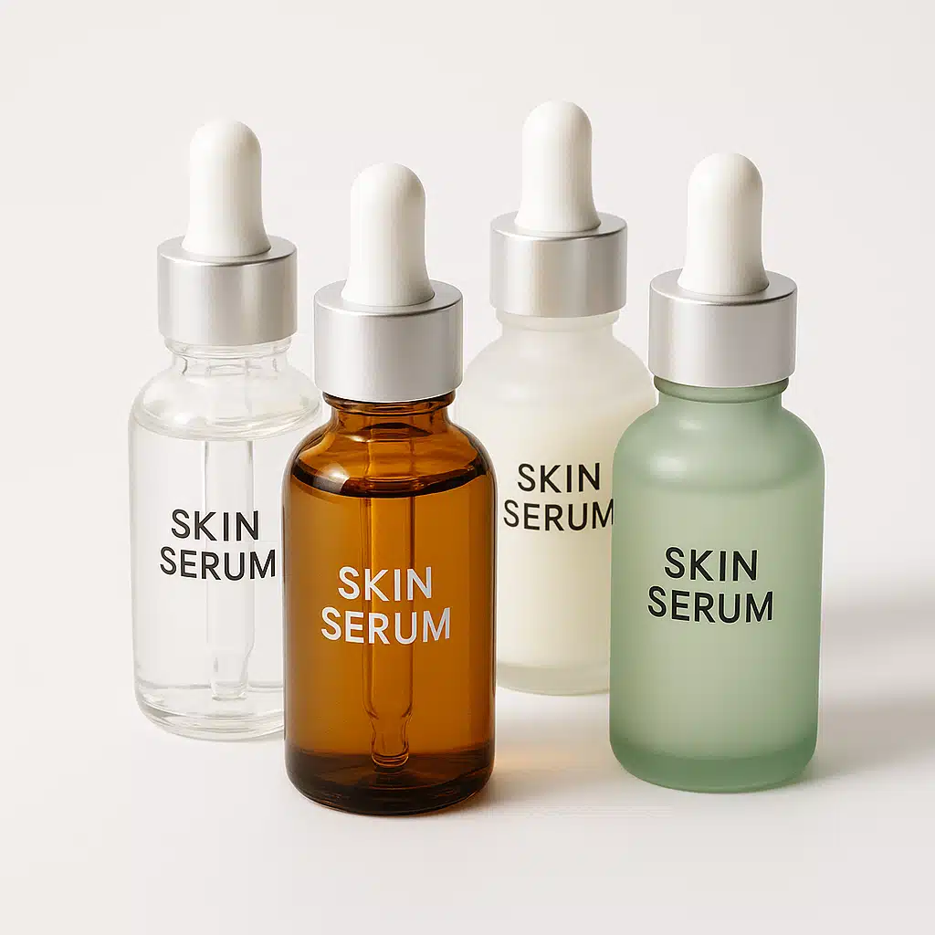 Collection of skin serum bottles in various colors including clear, amber, and frosted glass, elegant product photography with droppers visible, clean white background
