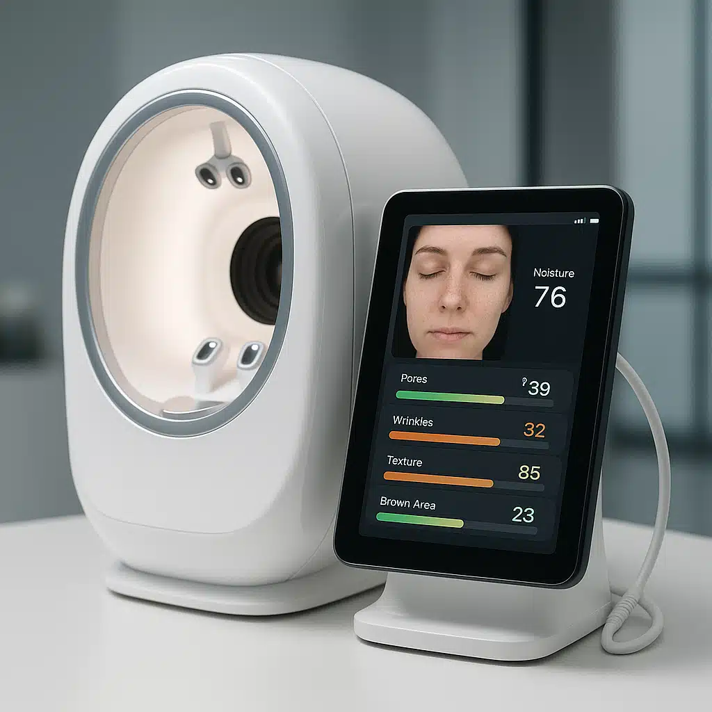 Advanced skin analysis device with digital sensors and smart screen display showing skin condition readings, high-tech beauty device in modern setting
