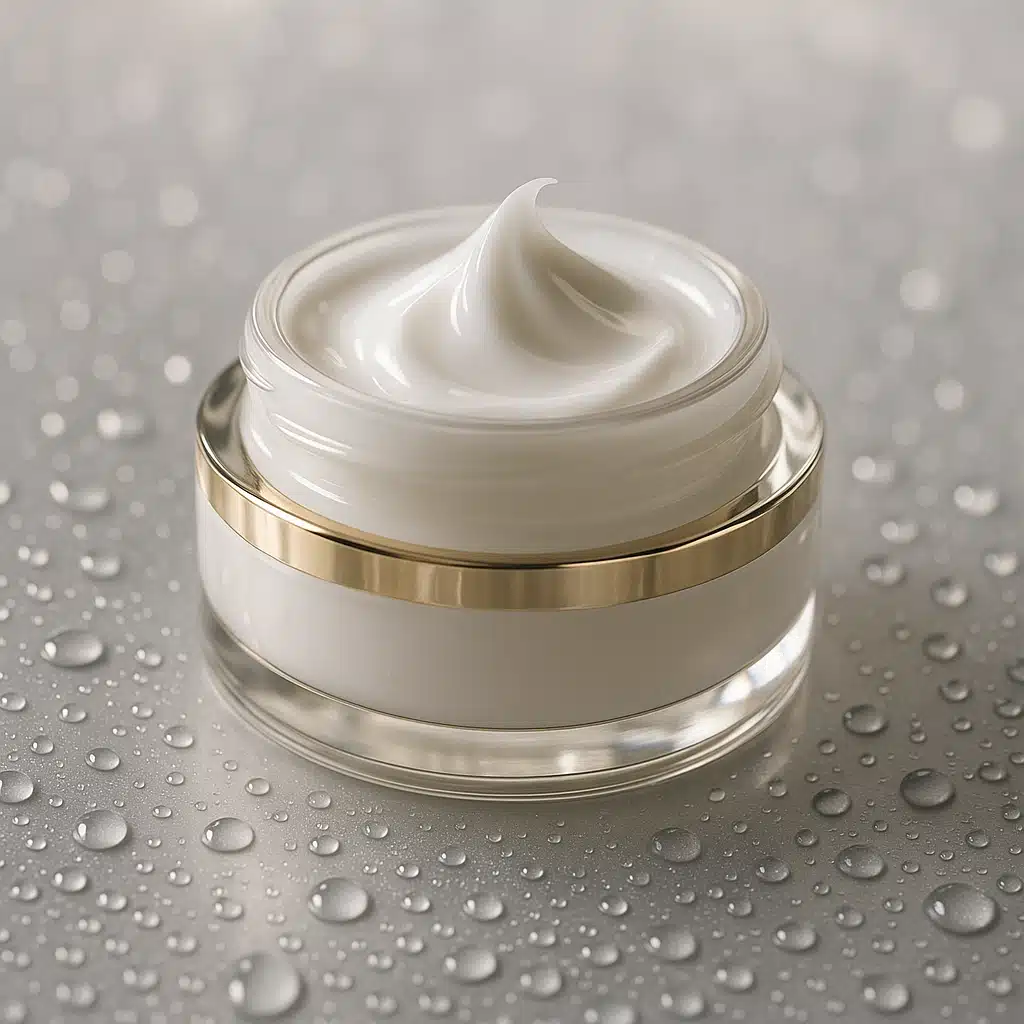 Luxury moisturizing cream in elegant jar with silky white texture visible, surrounded by droplets of water, premium skincare photography style, soft focus background
