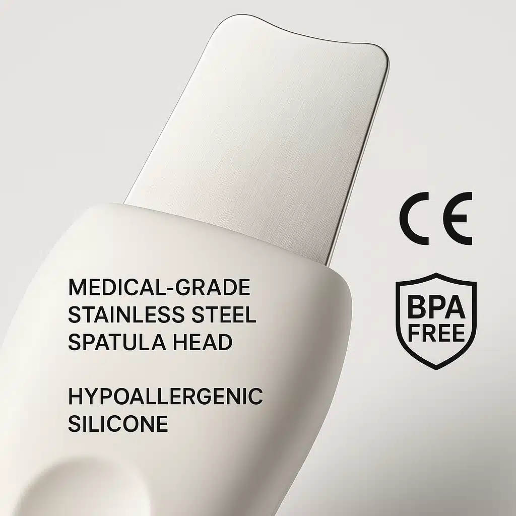 Close-up of medical-grade stainless steel spatula head and hypoallergenic silicone components of facial device, highlighting material quality and safety certifications