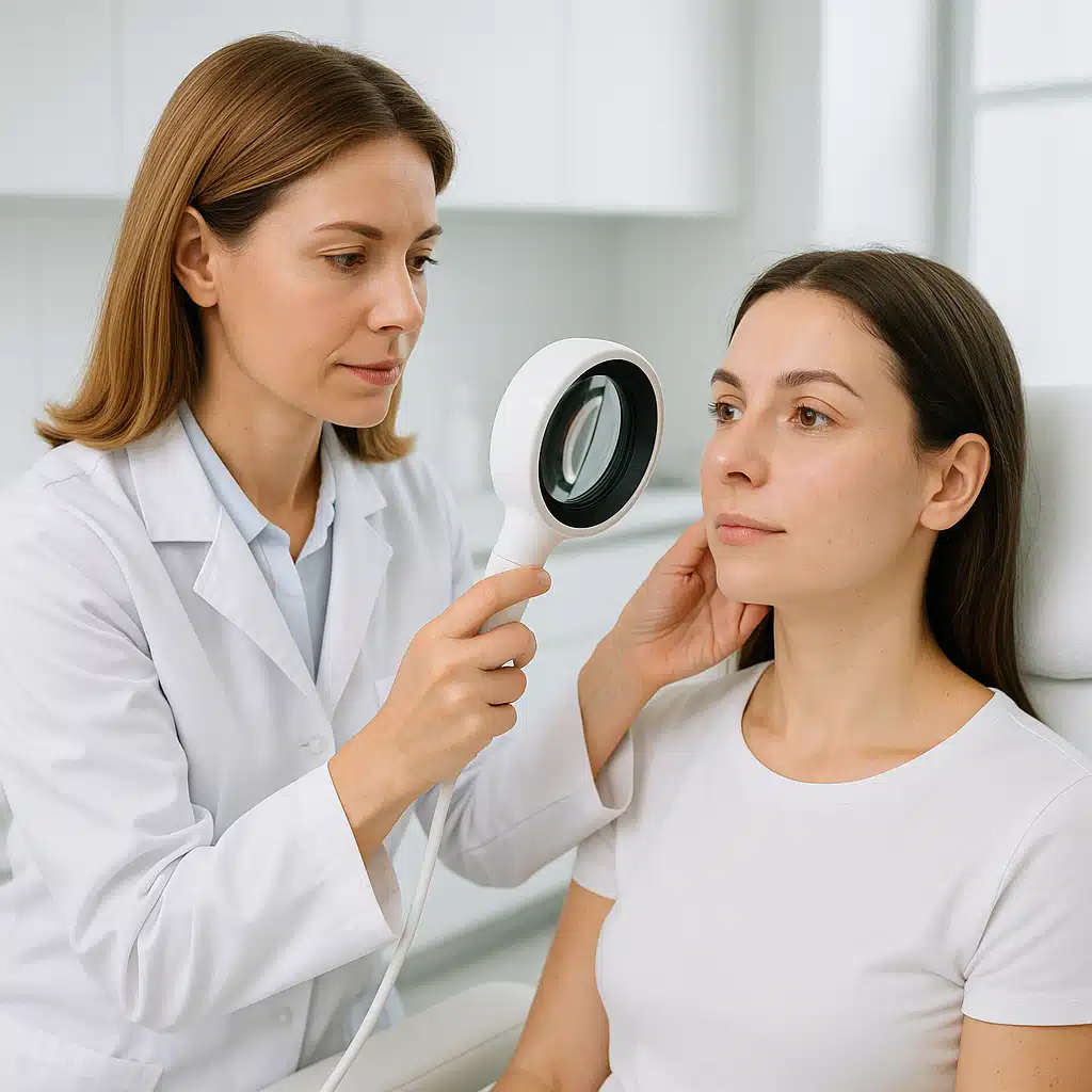 Professional dermatologist consultation showing doctor examining patient's facial skin with magnification device, modern clinic setting, professional medical environment