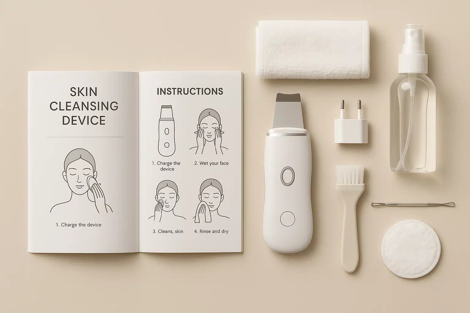 Open instruction manual for skin cleansing device alongside cleaning supplies and maintenance tools, organized flatlay photography with clear lighting