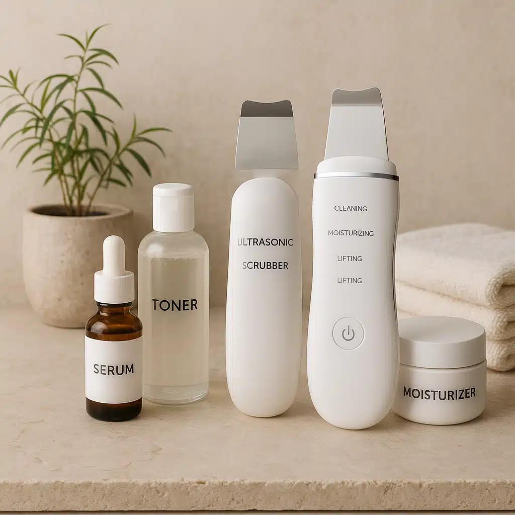 Complete skincare routine display showing ultrasonic scrubber alongside cleanser, toner, serum, and moisturizer arranged aesthetically, spa-like bathroom setting with natural elements