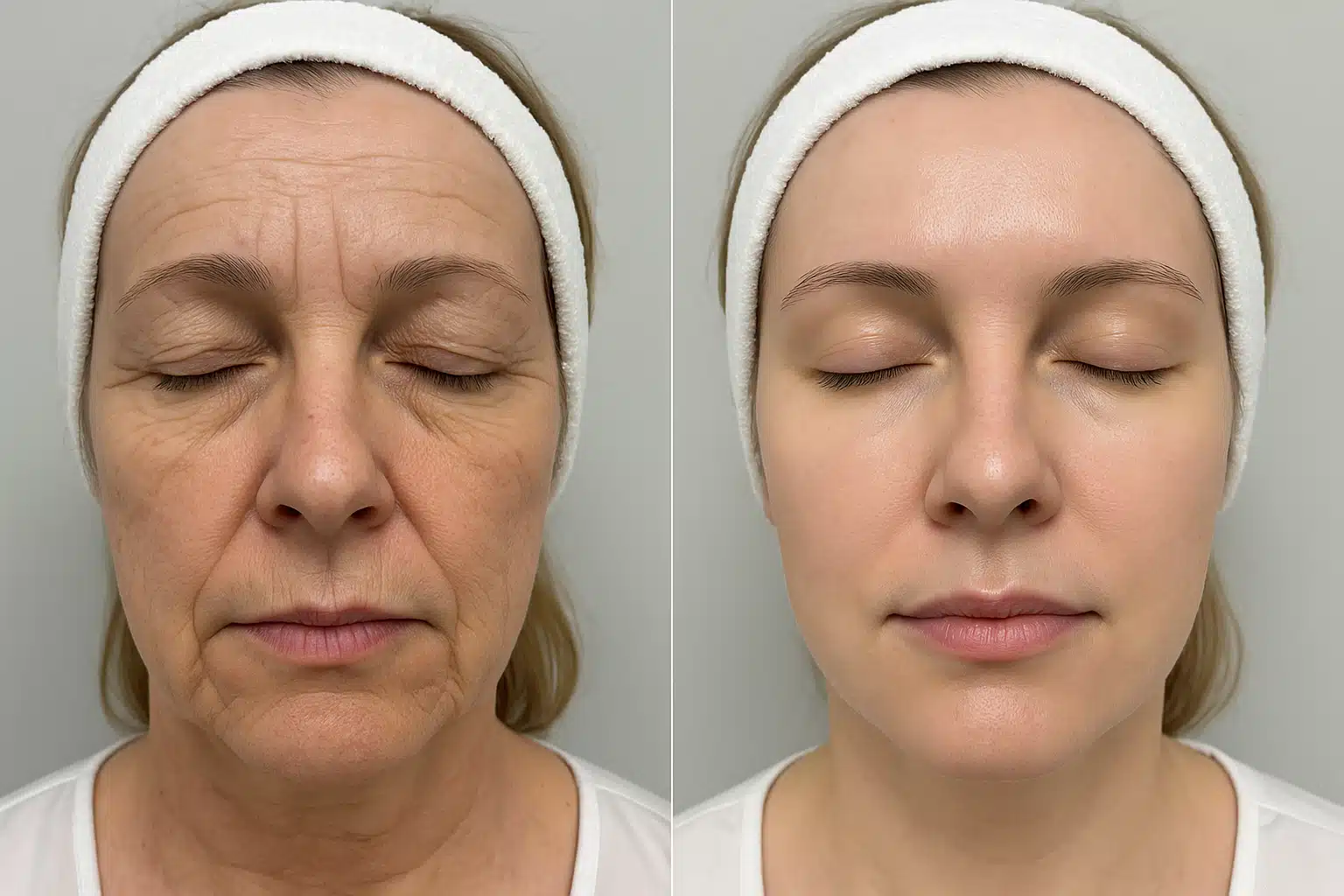 Before and after comparison showing visible skin improvement from rejuvenation treatments, showing reduction in fine lines and improved texture, professional medical photography style, neutral lighting