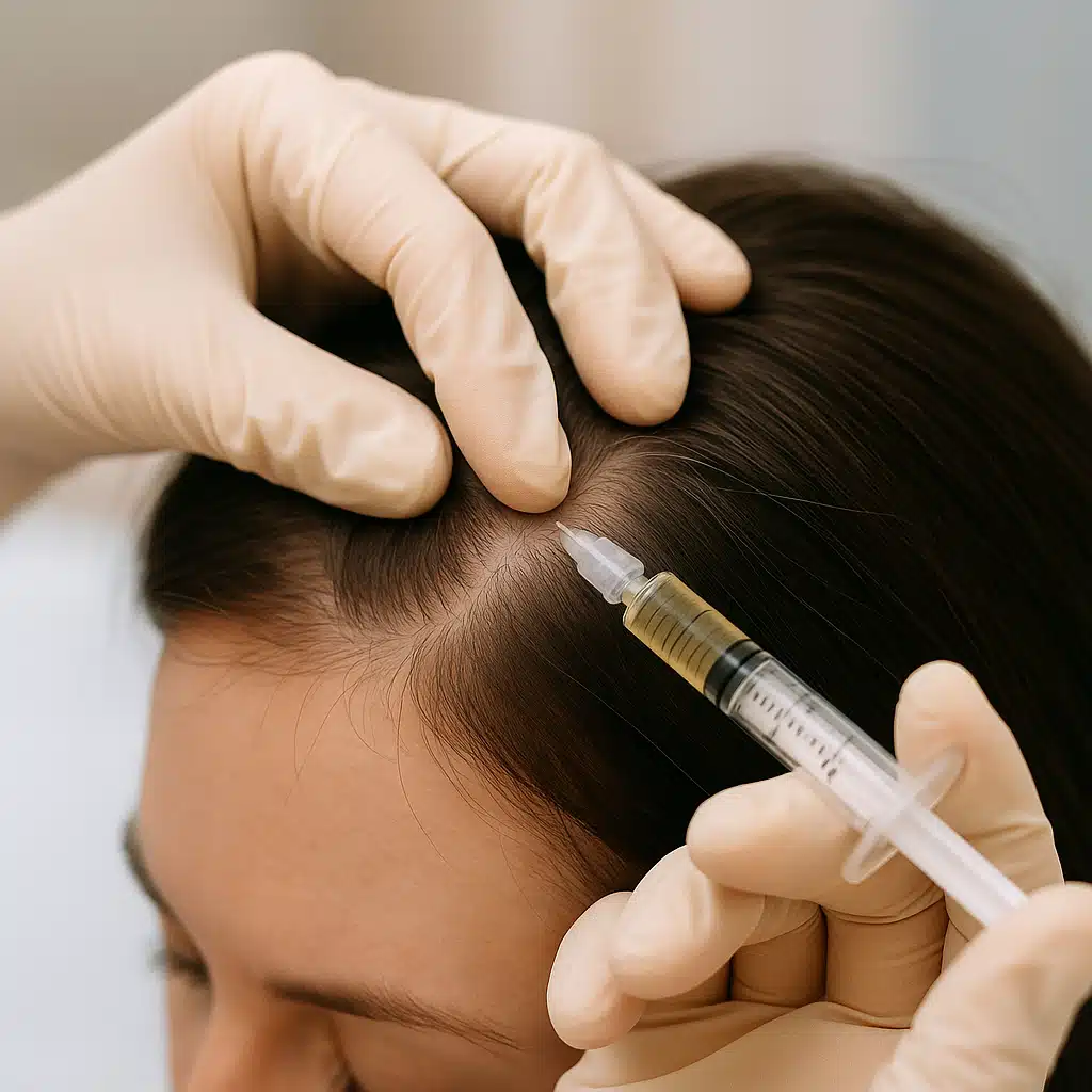 Close-up view of a medical professional wearing sterile gloves performing a hair mesotherapy injection on a patient's scalp, clinical setting with soft lighting, professional and hygienic atmosphere
