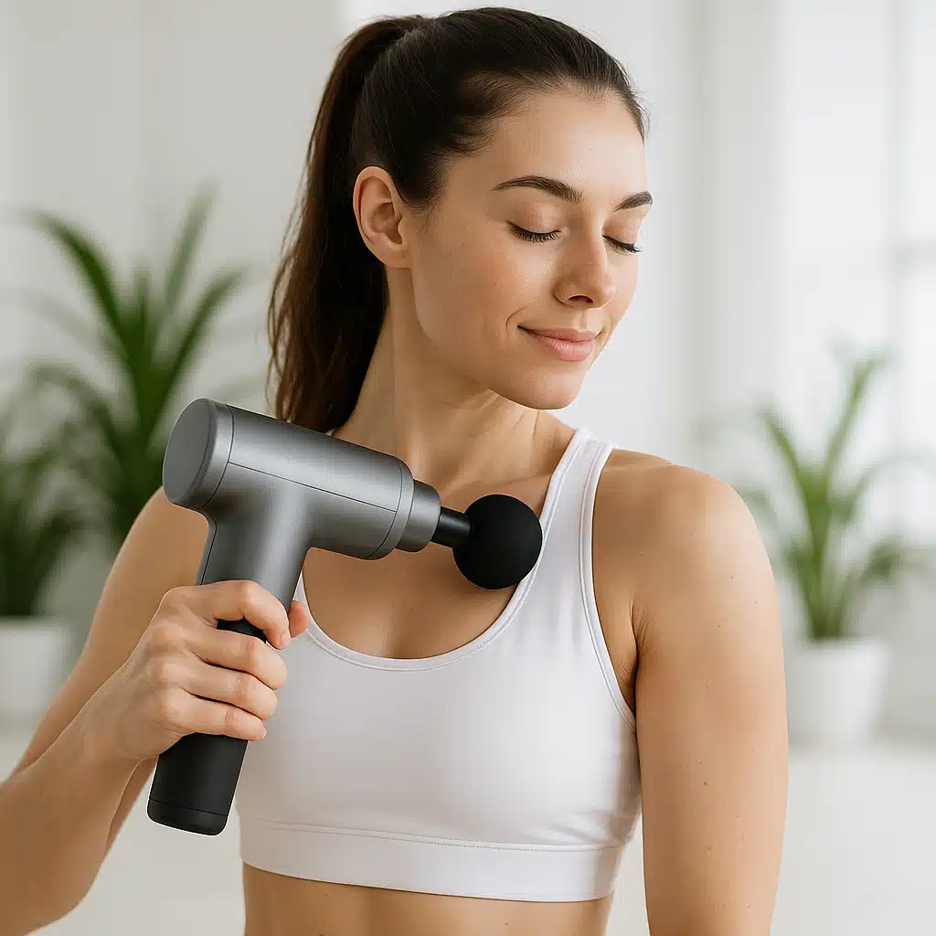 Woman using a percussion massage gun on her shoulder in a bright, modern wellness setting, clean background, natural lighting, health and fitness aesthetic
