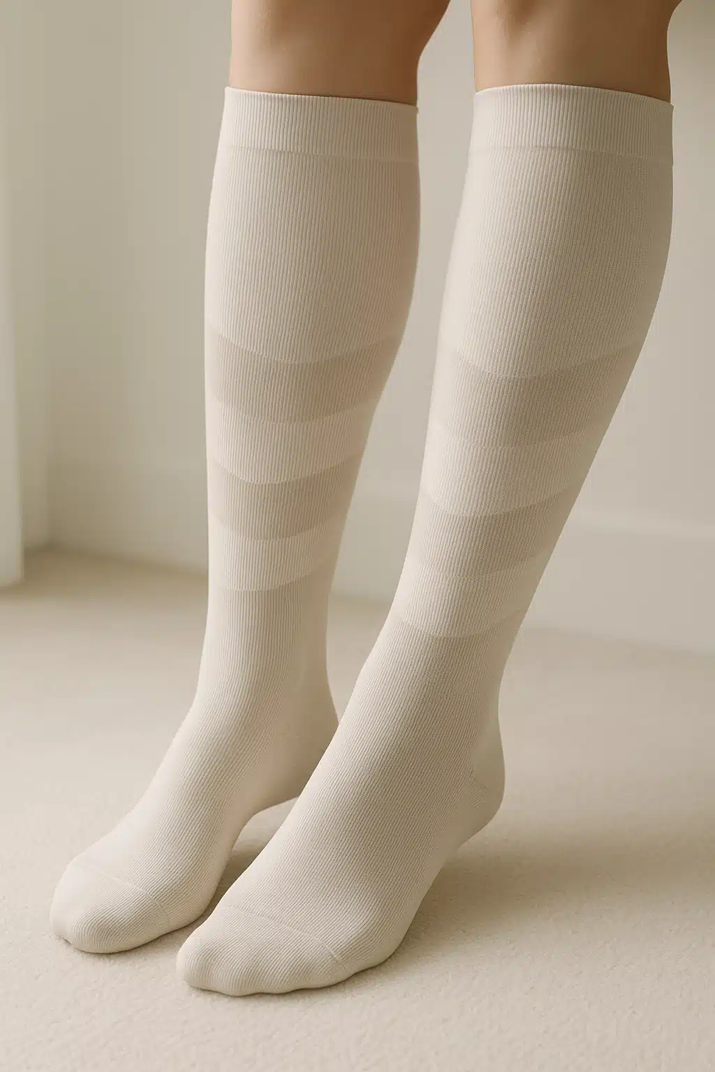 Close-up of modern compression socks being worn on legs, showing the gradient compression design, clean medical aesthetic with soft natural lighting