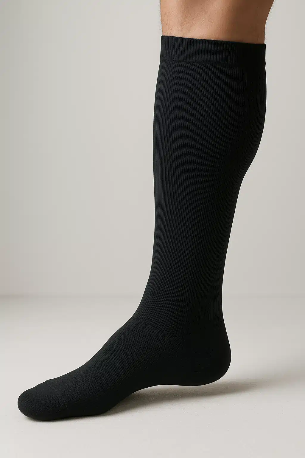 Close-up of a person wearing modern black compression socks, showing detailed texture and fit, neutral background, professional healthcare photography style