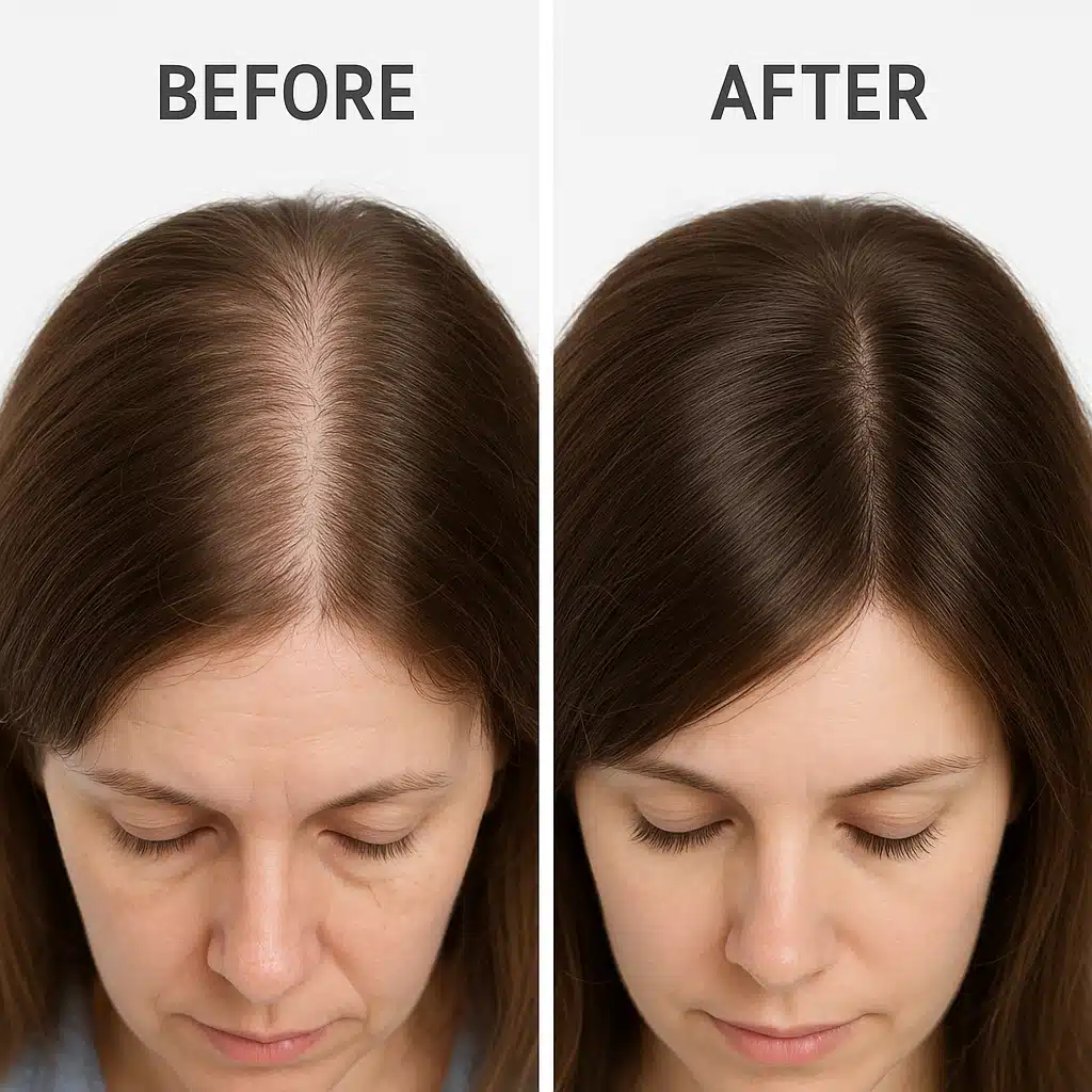 Split-screen before and after comparison of hair density and scalp health, showing improved hair volume and coverage, bright and clear presentation, professional medical photography style