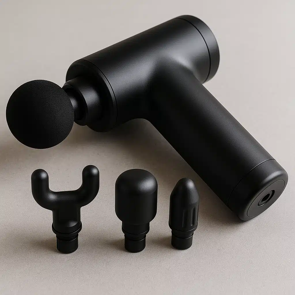 Close-up of a modern black percussion massage device with interchangeable heads on a neutral surface, professional product photography style, sharp focus