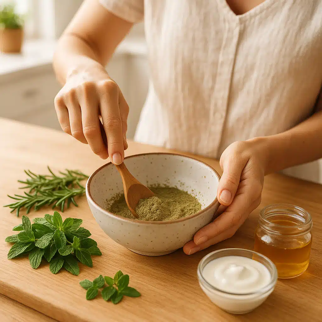 Close-up of a woman's hands mixing natural ingredients in a ceramic bowl for a homemade face mask, surrounded by fresh herbs, honey jar, and yogurt, bright and clean kitchen setting, natural light, warm and inviting atmosphere