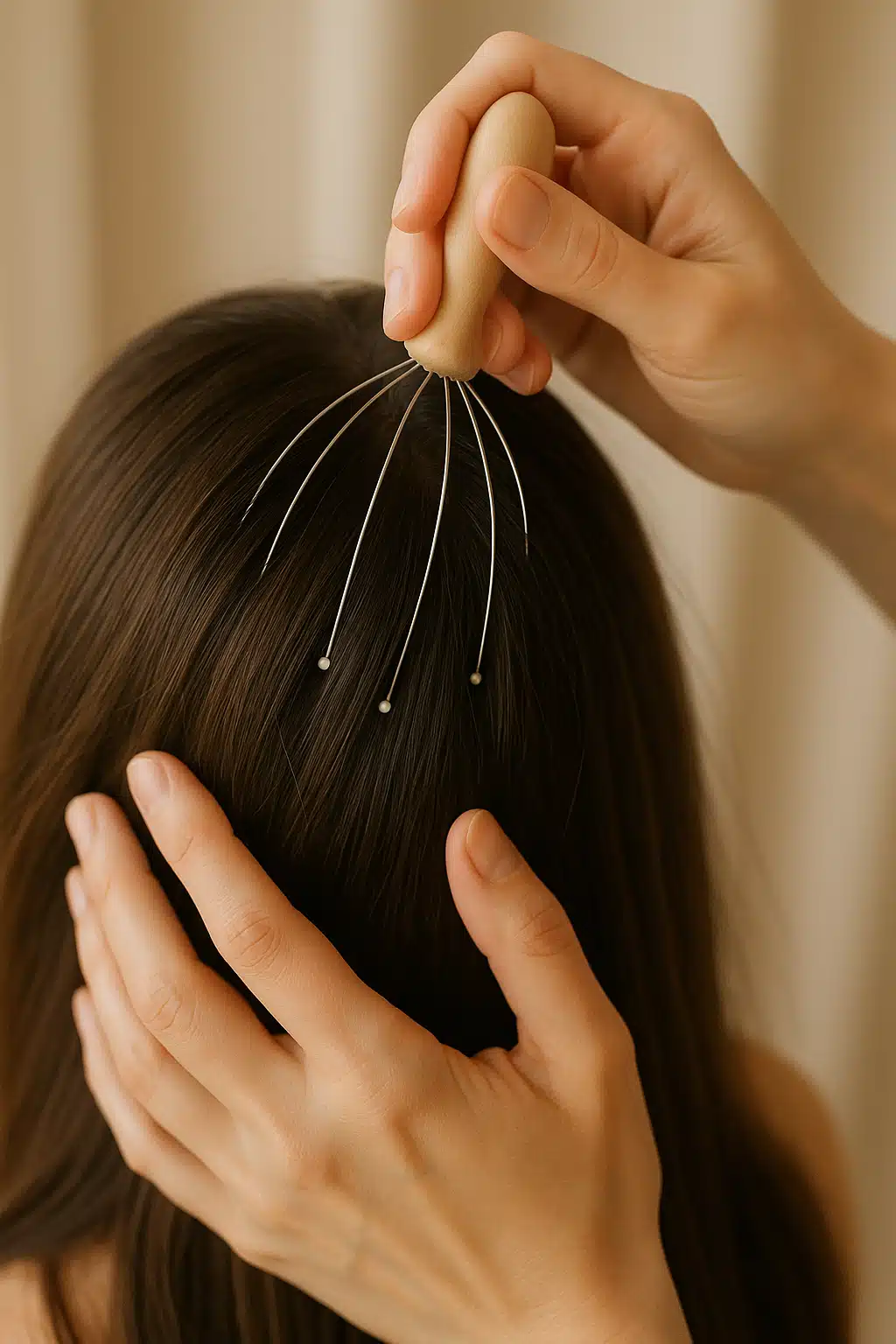 Close-up view of a person receiving a gentle scalp massage, hands with massage tool against healthy hair, soft natural lighting, wellness and self-care atmosphere