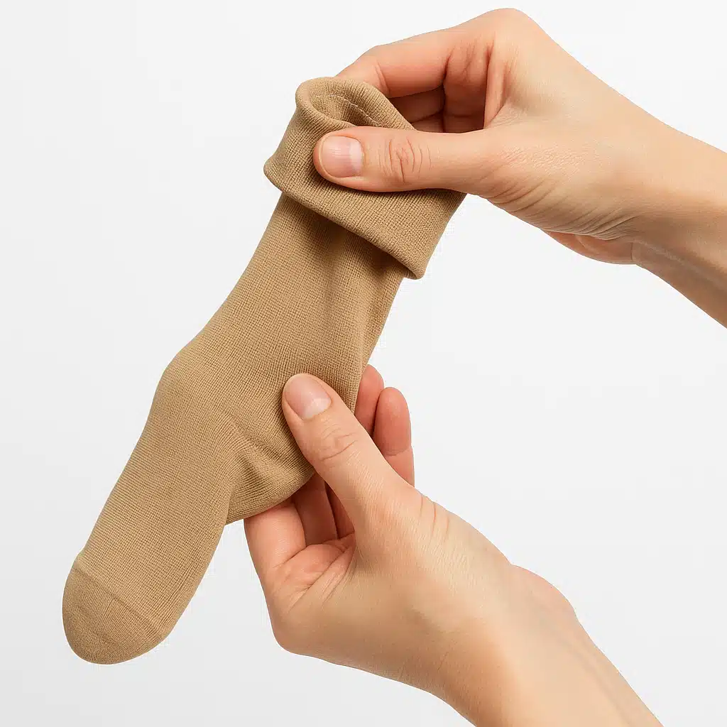 Hands demonstrating the proper technique for putting on compression socks, showing the inside-out method, bright and instructional photography style
