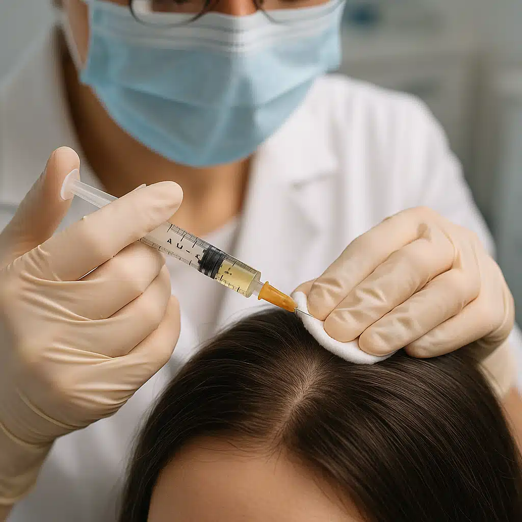 Close-up of a medical professional performing mesotherapy scalp injection treatment on a patient, clinical setting with professional lighting and sterile equipment