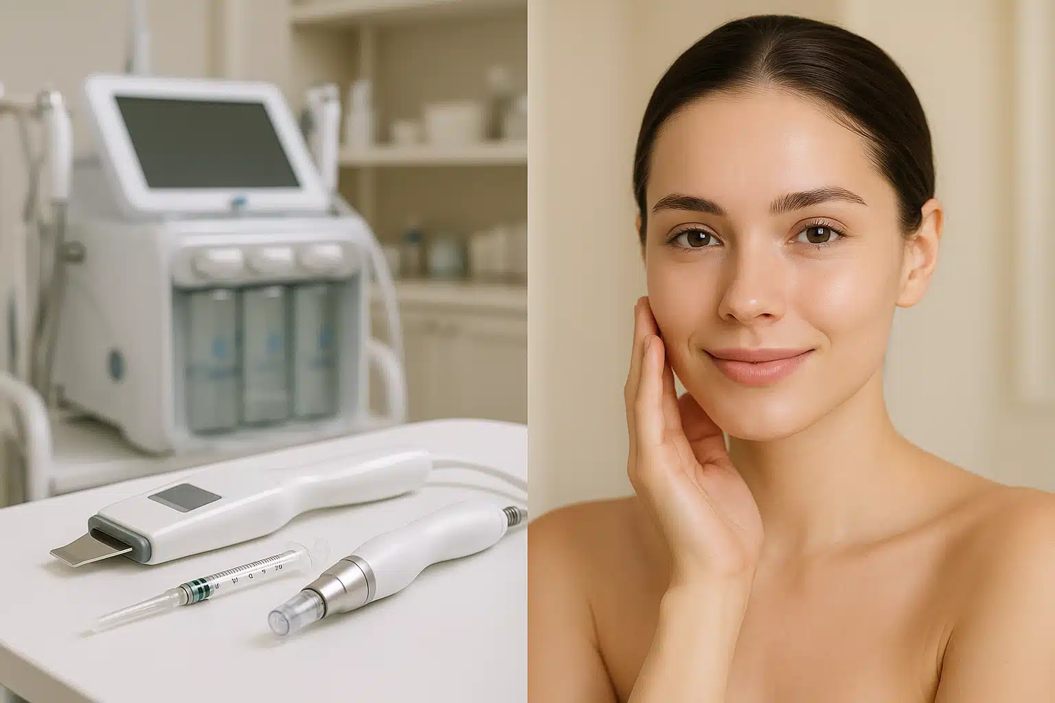 Split comparison image showing skincare treatment concepts, with medical aesthetic tools on one side and healthy rejuvenated skin on the other, professional clinical setting with soft lighting