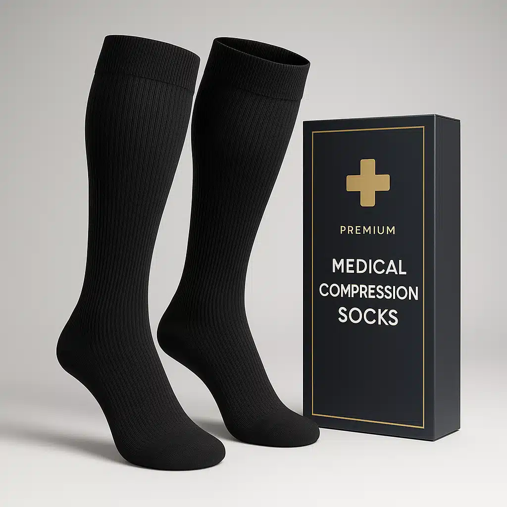 Pair of premium medical-grade compression socks displayed next to elegant product packaging, studio lighting, healthcare product photography, professional presentation