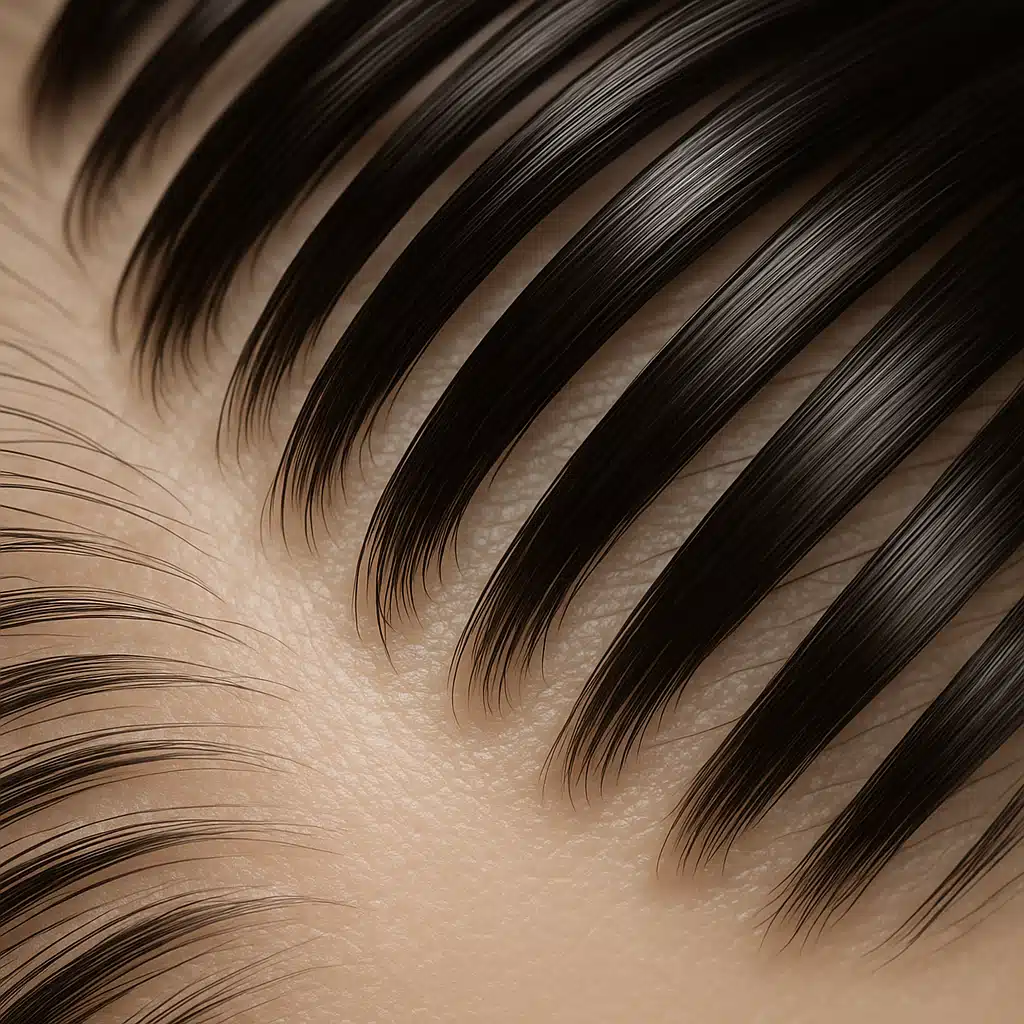 Close-up of a healthy scalp with thick, shiny hair strands, soft natural lighting, clean and professional medical aesthetic