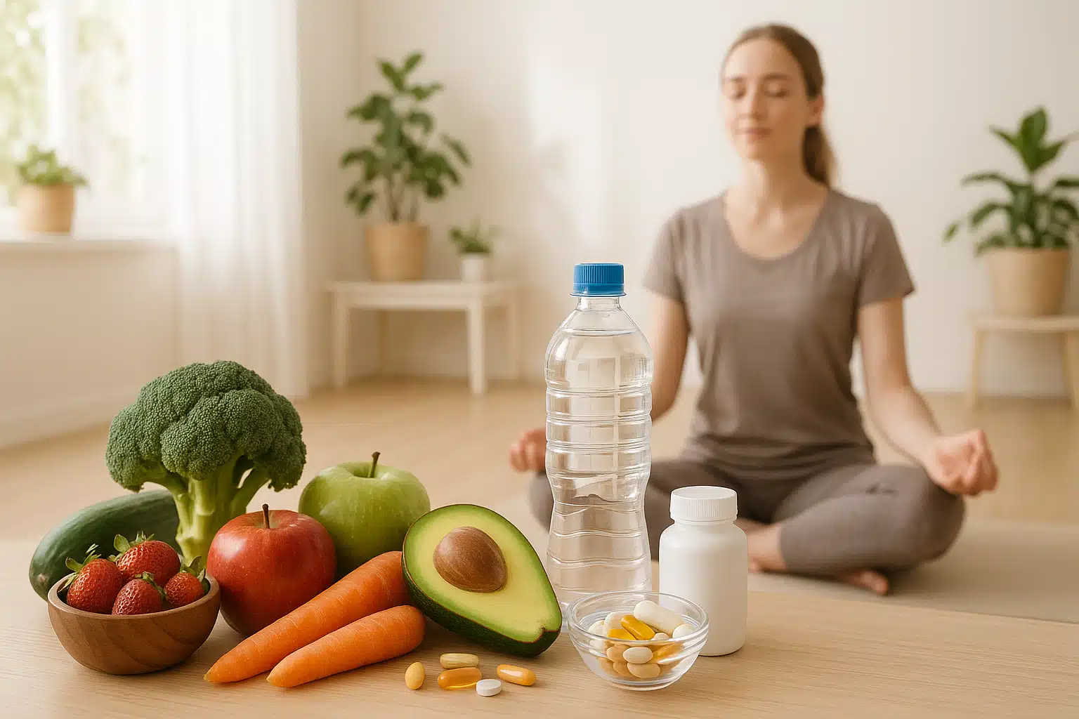 Healthy lifestyle composition featuring fresh fruits, vegetables, water, supplements, and a serene meditation space, bright natural lighting, wellness and self-care theme