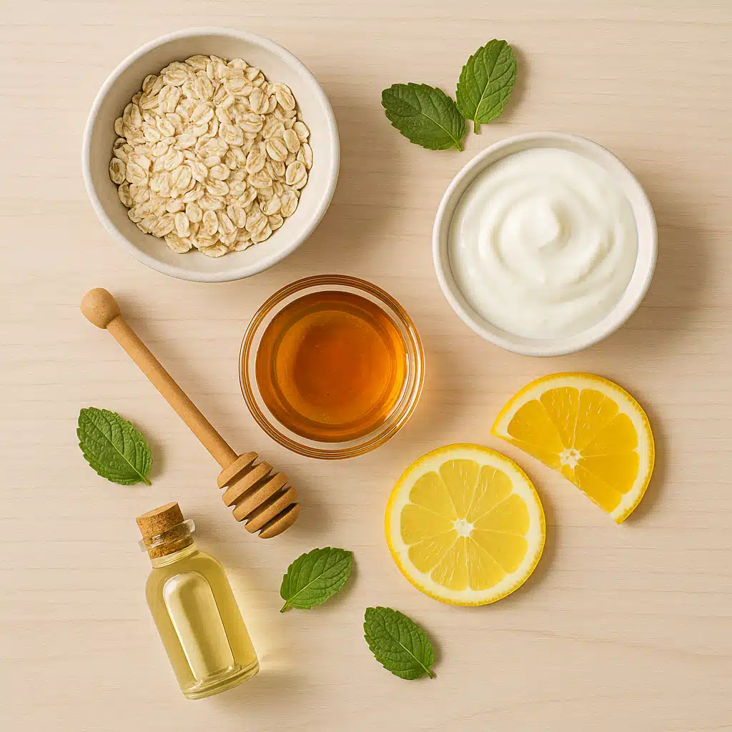 Flat lay of various natural skincare ingredients including oats, honey, yogurt, citrus slices, mint leaves, and almond oil arranged on a light wooden surface, overhead view, soft natural lighting, minimalist and clean composition