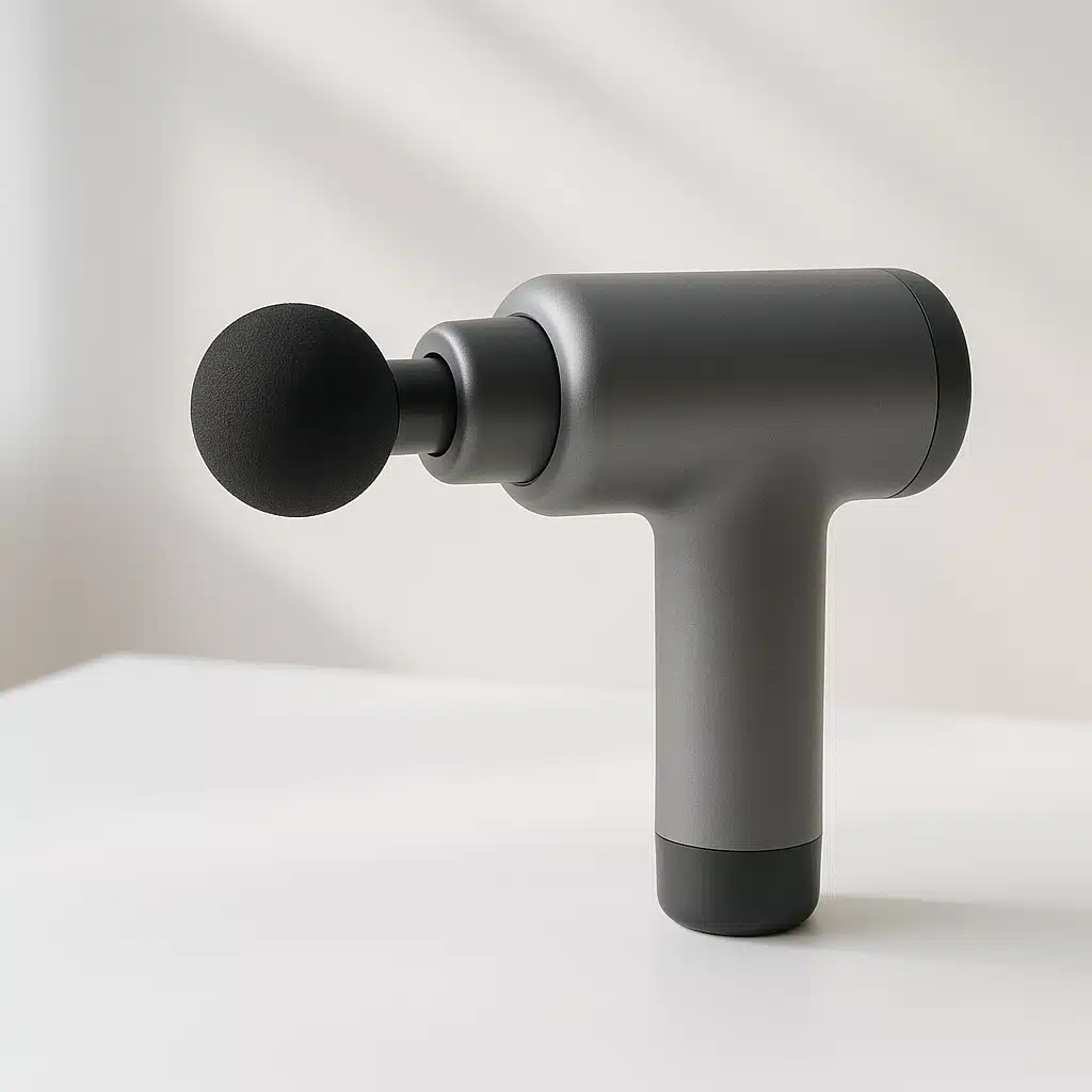 Modern handheld percussion massager device on a clean white surface with soft natural lighting, minimalist wellness aesthetic, professional product photography style