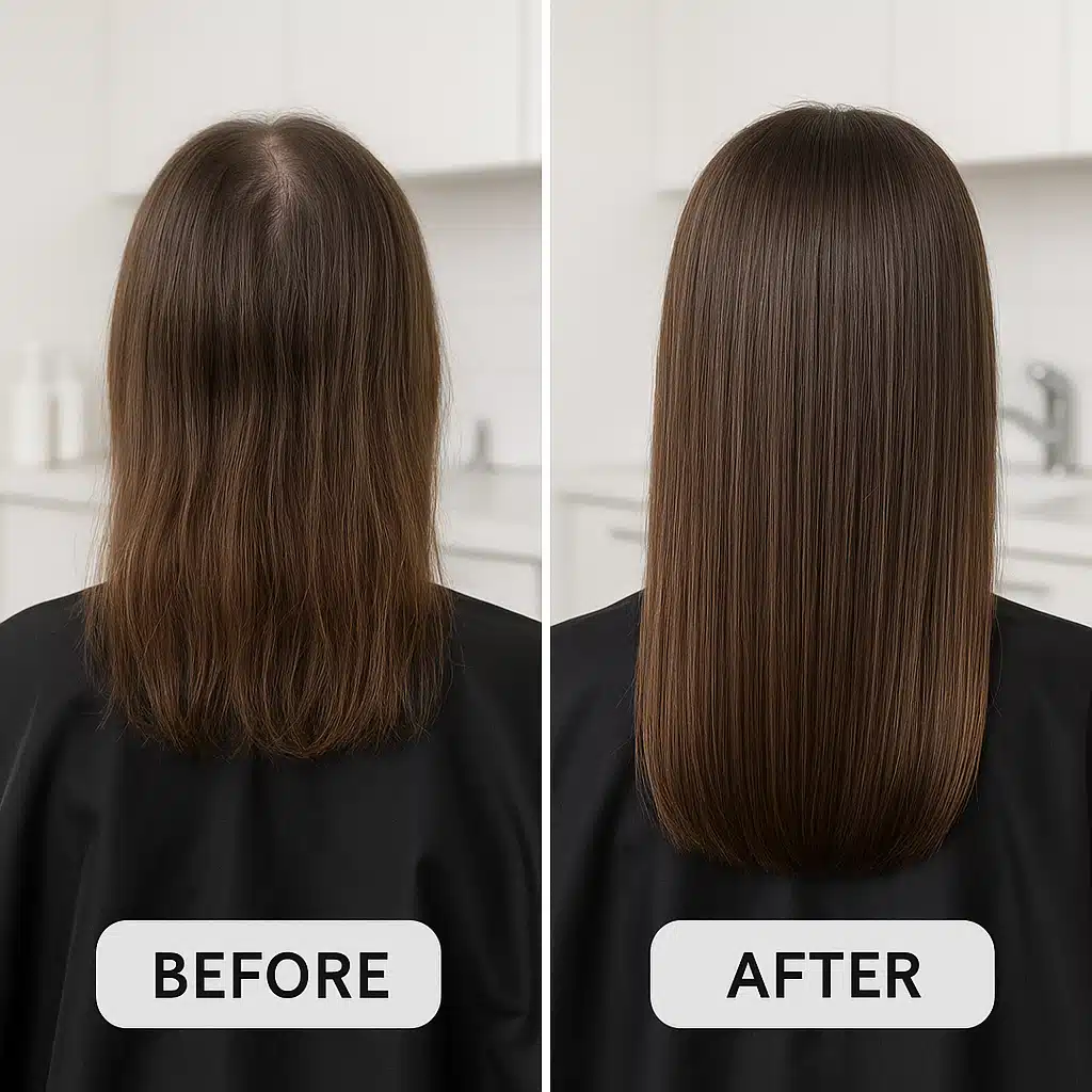 Split image showing hair before and after regular scalp massage treatment, visible improvement in thickness and shine, clinical documentation style, professional hair care setting