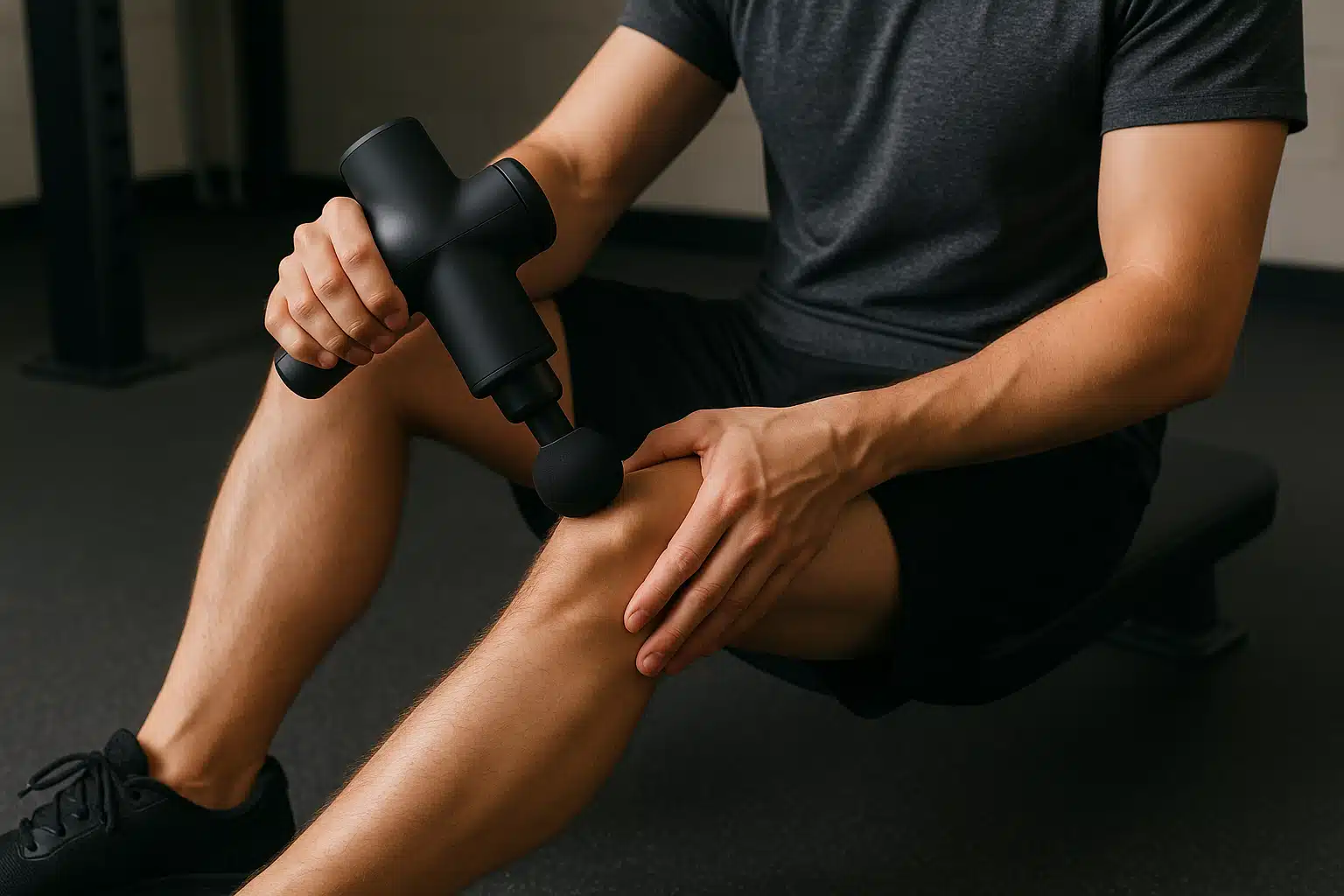 Person applying a massage gun to their calf muscle while seated, athletic wear, gym or home fitness environment, demonstrating proper massage technique