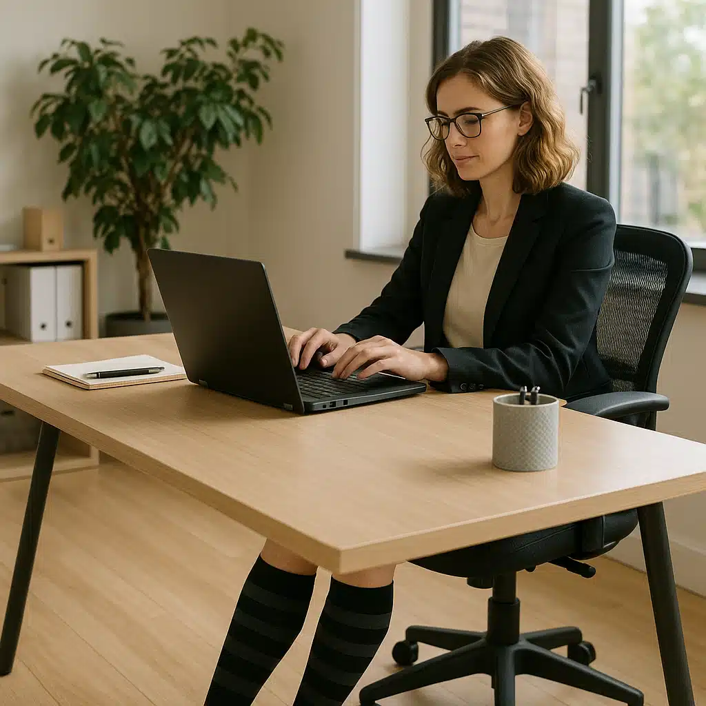 Person sitting at a desk wearing compression socks while working, showing daytime professional environment, natural office lighting, comfortable and productive atmosphere