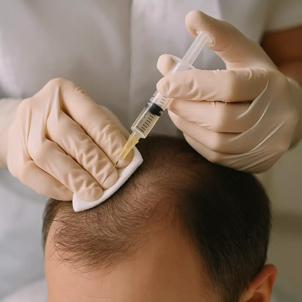 Close-up of a medical professional administering mesotherapy injections into a patient's scalp using a fine needle, clinical setting with soft lighting, professional and sterile environment