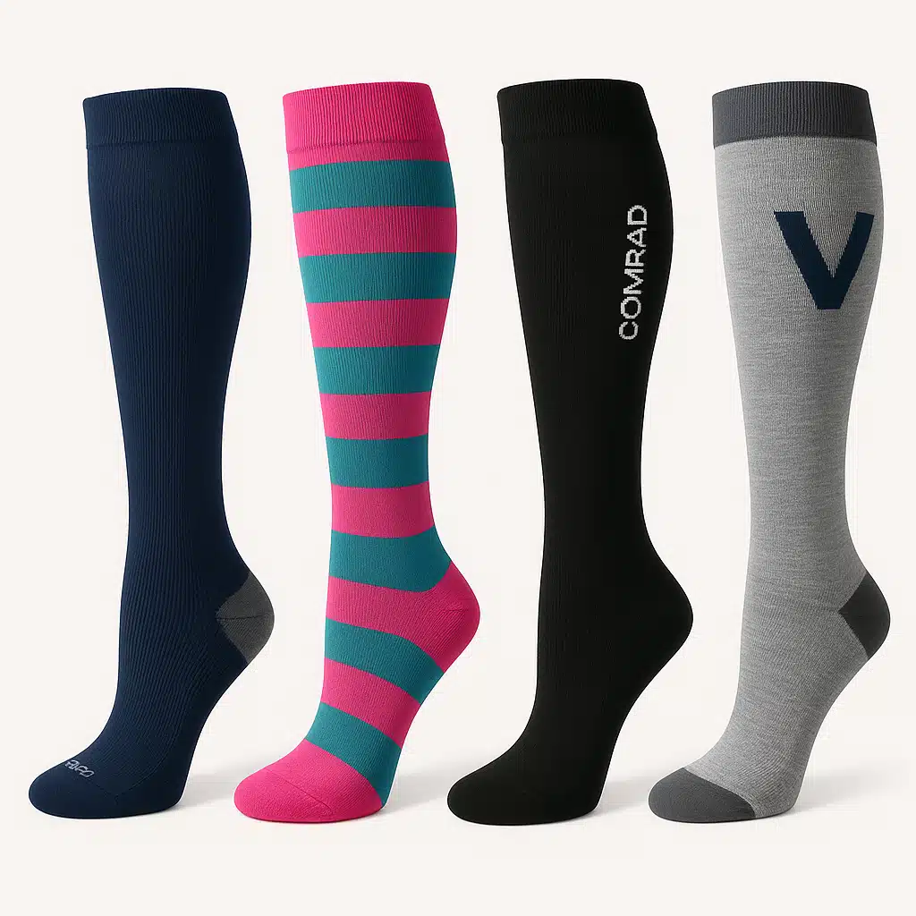 Collection of different compression sock brands displayed side by side, showing variety of colors and styles, clean white background, product comparison photography style