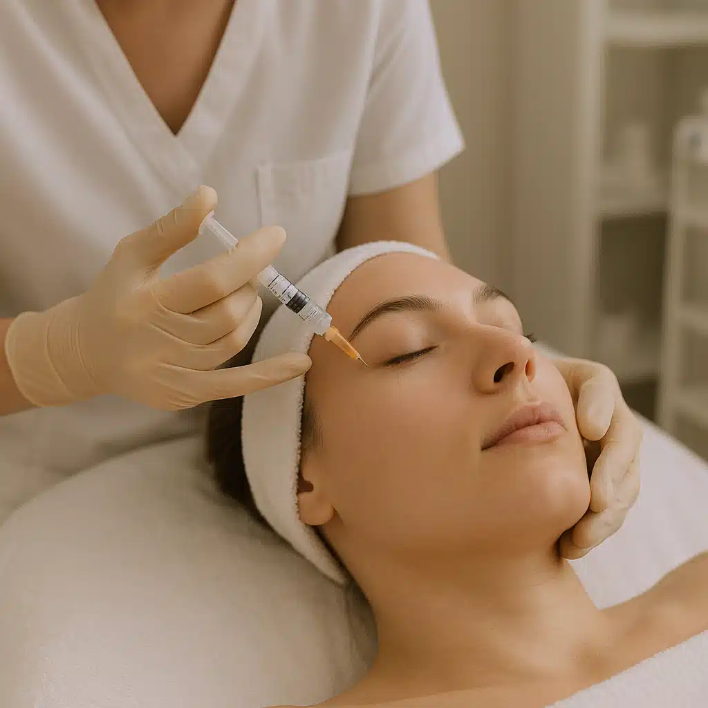 Close-up of a skincare professional performing mesotherapy injection on a client's face, clinical gloves, ultra-fine needle, serene spa environment with neutral tones and professional medical aesthetic setting