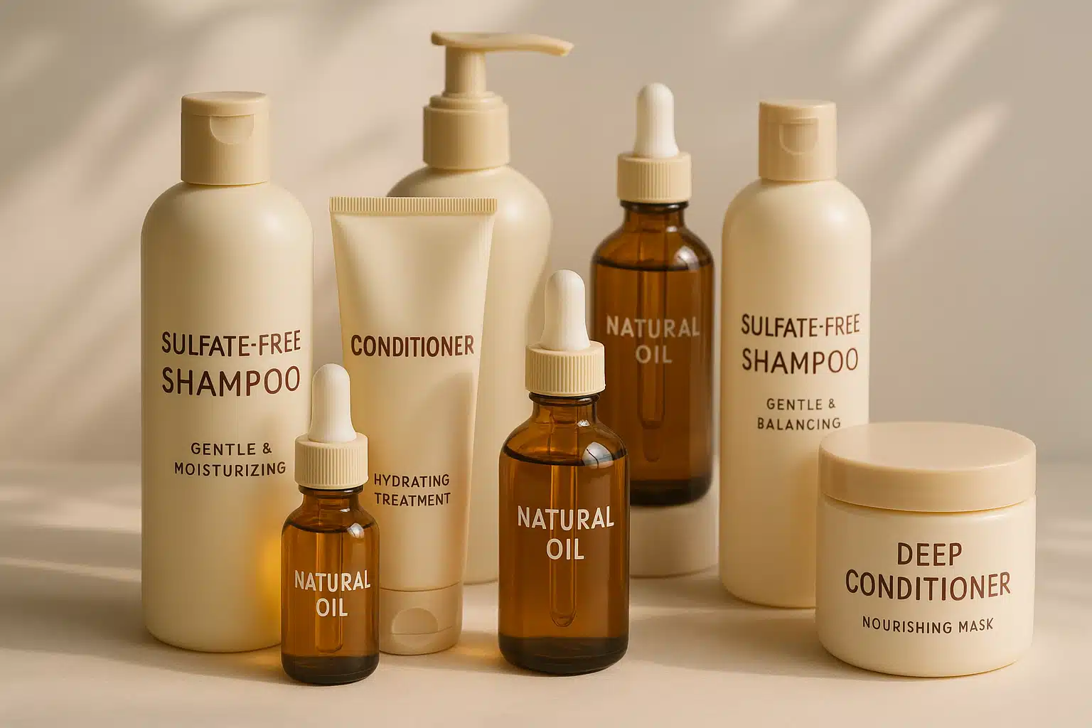 Array of gentle hair care products including sulfate-free shampoo bottles, natural oil containers, and conditioning treatments arranged on a clean surface with soft natural lighting